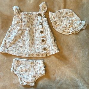 0-3 months dress, diaper cover and matching hat.